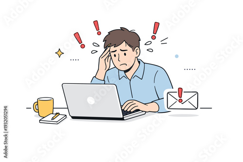 Stress response in the workplace. An office worker reading a message on a laptop, subtle exclamation icons and small motion lines showing internal reaction.