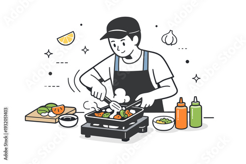 Street food cooking. A cook preparing food on a small grill or pan, focused movement suggested by light motion lines. The scene shows freshness, skill, and