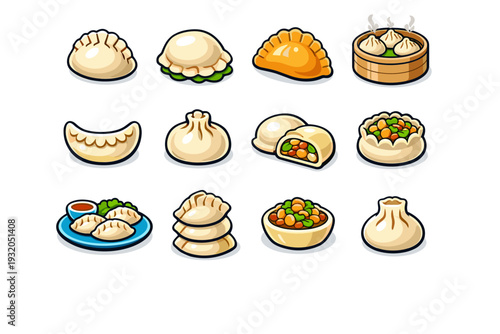 Stuffed Dumplings. Colorful isometric vector icons set of stuffed dumplings: classic dumpling, boiled dumpling, fried dumpling, steamed dumpling, crescent
