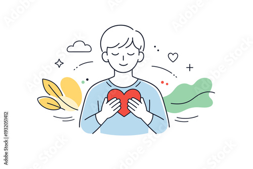 Mental health awareness. A person gently holds a heart icon near their chest, surrounded by calm abstract shapes suggesting care and emotional balance. The