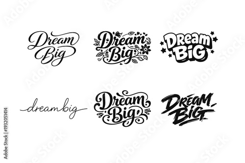 Dream Big. Set lettering. harmonious lettering variations of the same emblematic concept, each with different artistic interpretation (Elegant script with