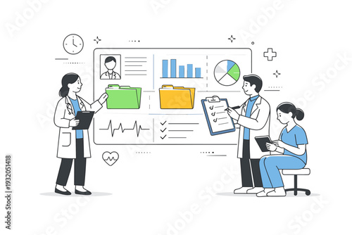 Healthcare data management. Medical staff calmly organizing files and charts on a shared digital dashboard. An editorial illustration about clarity,