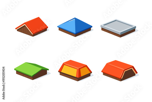 Roof types. Isometric flat vector icons set of roof types: gable roof segment, hip roof segment, flat roof section, shed roof section, mansard roof section,