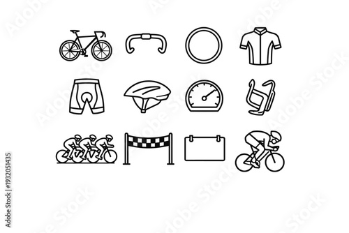 Road Cycling. Line icon set of Road Cycling: road bike, drop handlebars, thin tire, cycling jersey, cycling shorts, aero helmet, speedometer, water bottle