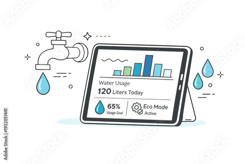 Water conservation technology. A tablet showing water usage statistics next to a faucet and droplet icons, calm monitoring process. Smart control and