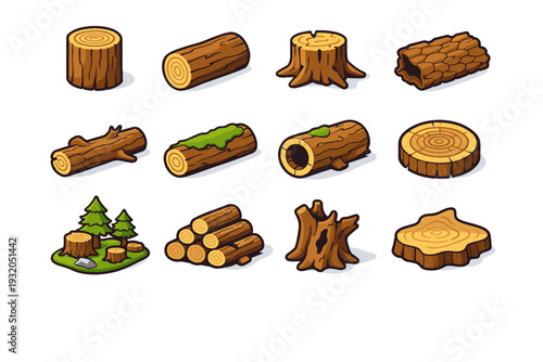 Trunk. Colorful isometric vector icons set of trunk: tree trunk, cut log, wooden stump, bark texture, fallen trunk, mossy trunk, hollow trunk, tree rings,