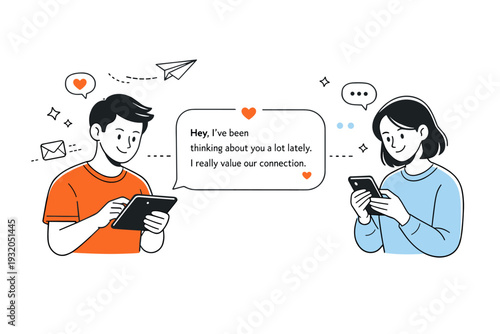 Rebuilding social connections through communication. A person sending a thoughtful message on a tablet while another person reads it with a gentle smile.