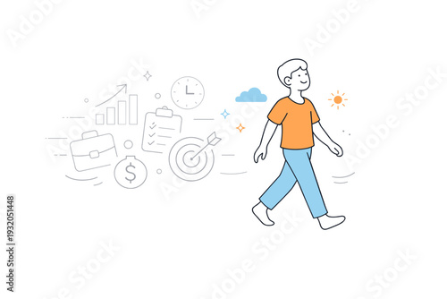 Rejecting hustle culture. A calm figure stepping away from charts and productivity symbols that fade into the background. The illustration conveys freedom from