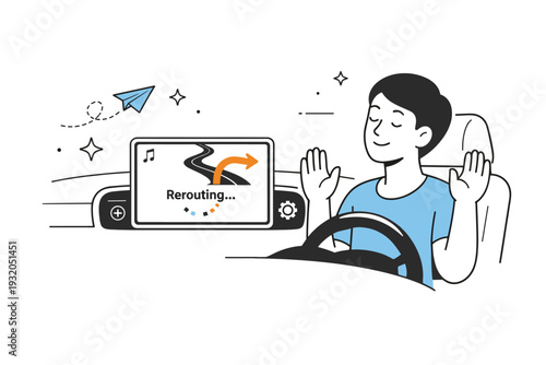 GPS rerouting metaphors. Person in a car with dashboard map showing ?rerouting? in progress, smooth interface elements and calm facial expression. Letting go