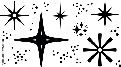 Mid century modern starburst shapes scattered vintage atomic era vector stars close up black silhouettes on white minimal graphic background