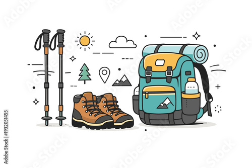 Hiking and camping gear. A focused editorial layout with hiking boots, trekking poles and backpack. Active outdoor lifestyle and exploration, with gentle