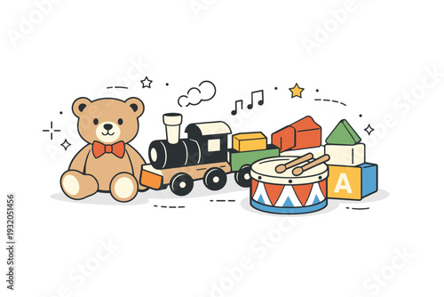 Holiday toy collection. Simple toys such as teddy bear, wooden train, drum, and blocks displayed neatly with decorative accents. Cozy and joyful illustration