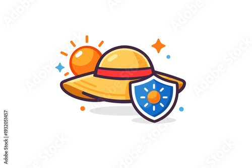 Sun hat highlighting protection from heat and bright sunlight. A clear visual metaphor with a hat and small shield or sun icon to suggest safety, comfort, and