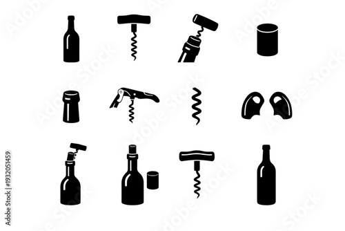 Corkscrew with Wine Bottle. Solid icon set of Corkscrew with Wine Bottle: wine bottle, corkscrew opener, cork being pulled, wine cork, bottle neck, waiter