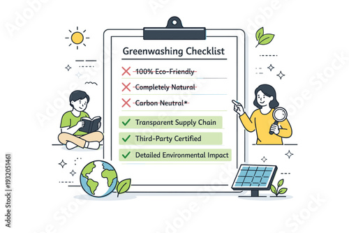 Greenwashing awareness. A document checklist with crossed-out misleading claims and confirmed facts highlighted, showing transparency and education. Calm