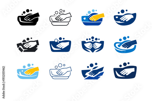 Cleaning the sink. Icon set. Set Logo of Cleaning the sink: hand scrubbing sink. harmonious logo variations of the same emblematic concept, each with different
