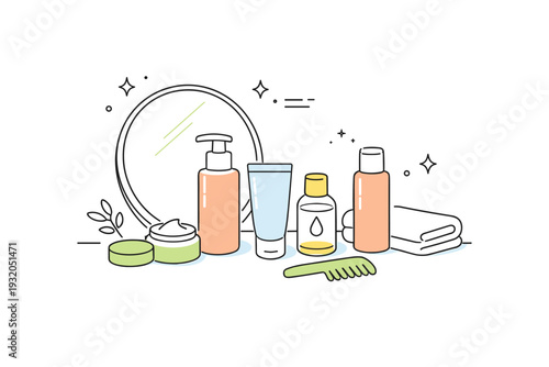 Morning beauty routine. Cosmetic bottles arranged near a mirror with gentle reflections, quiet start of the day. Fresh, calm mood and simple self-care ritual.