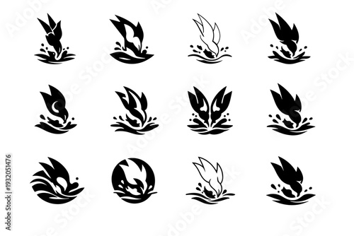 Seabirds hunting fish and marine animals. Icon set. Set Logo of Seabirds hunting fish and marine animals: seabird dive splash. harmonious logo variations of