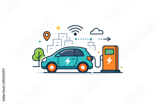 Smart mobility focused on efficient urban movement with a compact scene of an electric car connected to subtle digital signals, conveying innovation and