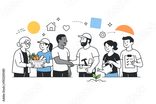 Resilient communities. Neighbors standing together and sharing resources, showing mutual support during change. Calm cooperation, trust, and stability with