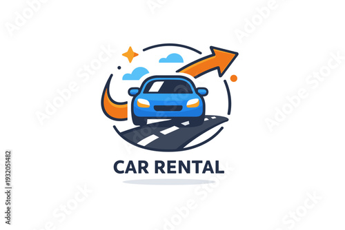 Car rental icons captured as a clean visual badge combining car, arrow, and road elements, evoking movement, freedom, and modern on demand travel. Minimalist