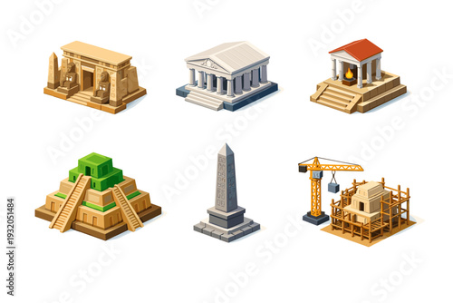Ancient Temples. Isometric flat vector icons set of Ancient Temples: Egyptian stone temple with columns, Greek marble temple with pediment, Roman temple with