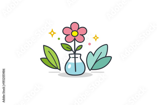 Spring aesthetic peaceful nature moment centered on a single flower in a simple vase, complemented by light sparkles and abstract leaves that express