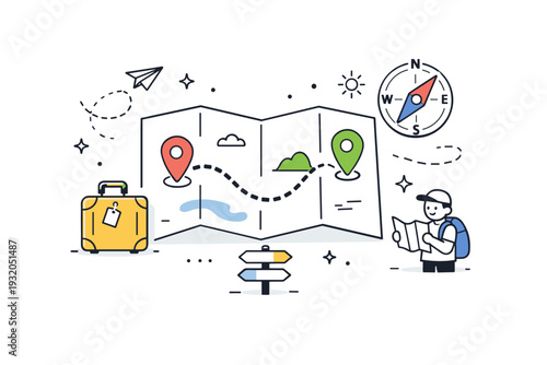 Travel map navigation. A friendly scene illustrating a travel route on a map with pins, suitcase icon, and compass elements. The mood is light and exploratory,