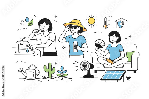 Personal climate adaptation lifestyle. Individual adjusting daily habits for changing climate, such as water saving or heat protection, in a calm home setting.