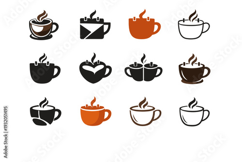 Thursday. Icon set. Set Logo of Thursday: coffee cup for late week. harmonious logo variations of the same emblematic concept, each with different artistic