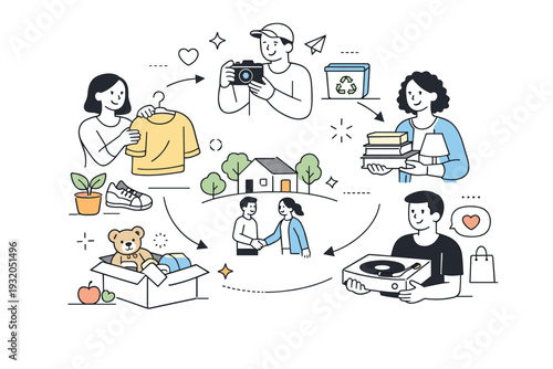 Sustainable resale culture. Abstract scene showing reused goods circulating between people, community-driven consumption and reduced waste, positive and