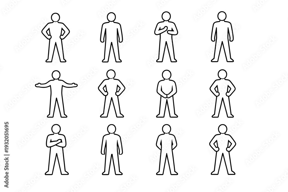 Obraz premium Body language confidence. Line icon set of Body language confidence: open chest posture, relaxed shoulders stance, eye contact pose, balanced weight stance,