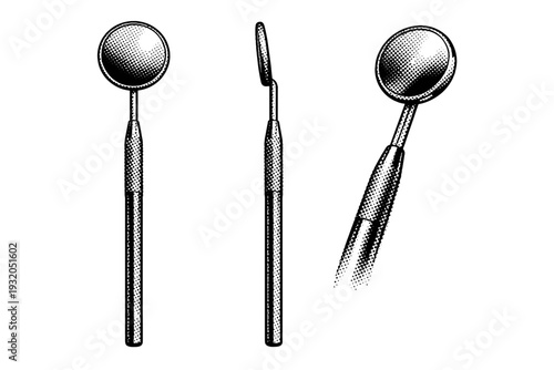 Dental mirror tool presented as a single instrument shown in front view, side view, and angled perspective emphasizing round reflective head and slim handle