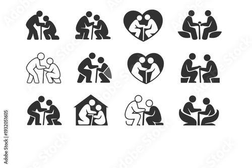 Providing support to elderly people. Icon set. Set Logo of Providing support to elderly people: caregiver assisting senior. harmonious logo variations of the