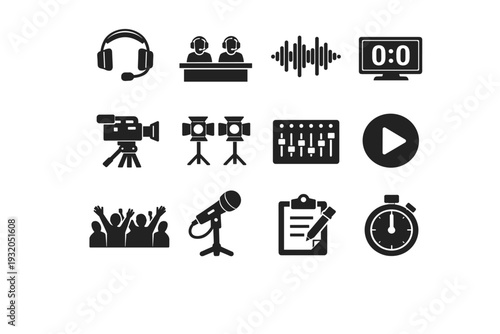 Game commentators. Solid icon set of Game commentators: headset microphone, commentator desk, speech waveform, scoreboard screen, broadcast camera, studio