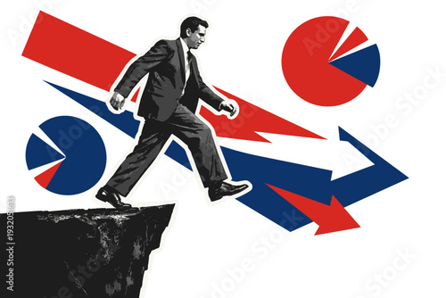 Black and white realistic human figure stepping forward over a sharp edge, symbol of decision and courage, retro photo cut-out style with bold white outline,