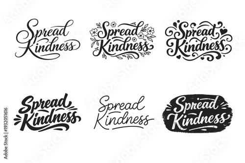 Spread Kindness. Set lettering. harmonious lettering variations of the same emblematic concept, each with different artistic interpretation (Elegant script