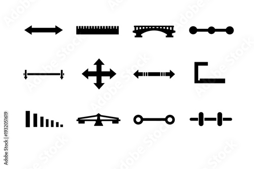 Span. Solid icon set of Span: horizontal arrow, distance ruler, bridge span, timeline bar, measurement line, expansion arrows, width indicator, length bracket,
