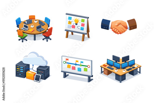 Team Collaboration. Isometric flat vector icons set of Team Collaboration: round meeting table with laptops, brainstorming board with sticky notes, handshake