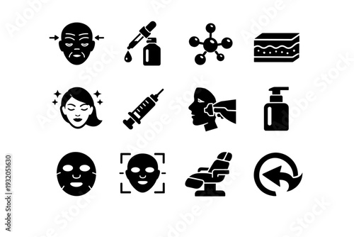 Anti Aging Treatments. Solid icon set of Anti Aging Treatments: wrinkle reduction, facial serum dropper, collagen molecule, skin layers, rejuvenation face,