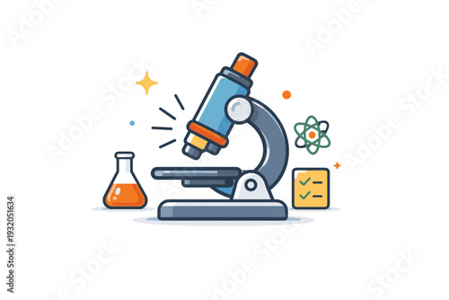 Science lab equipment illustrated by a microscope with subtle focus lines, conveying research precision, observation, and analytical thinking. Minimalist flat