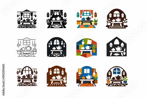 Exploring cultural traditions through everyday life. Icon set. Set Logo of Exploring cultural traditions through everyday life: home interior detail.