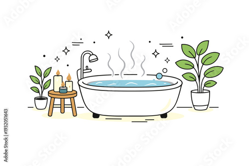 Relaxing bath preparation. A filled standalone tub with gentle steam rising, candles flickering on a small stool and leafy plants framing the scene. The