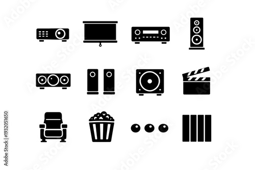 Home Theater. Solid icon set of Home Theater: projector, projection screen, AV receiver, floor speaker, center speaker, surround speaker, subwoofer box, movie