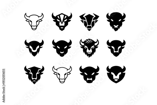 Bison. Icon set. Set Logo of Bison: bison head emblem. harmonious logo variations of the same emblematic concept, each with different artistic interpretation