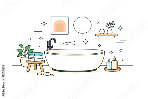 Luxury bathroom with freestanding bathtub. A modern oval tub centered in a bright airy space, soft towels neatly folded nearby and warm candlelight creating a