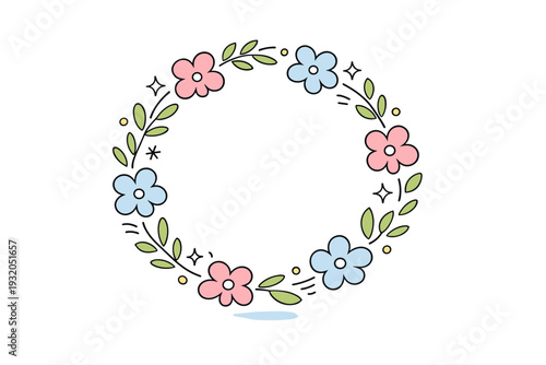 Floral wreath design elements. Simplified petals and leaves forming a light circular ornament. Gentle celebratory mood without heavy details, suitable for