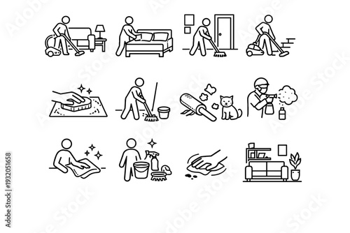 Home Cleaning Tasks. Line icon set of Home Cleaning Tasks: vacuum living room, bedroom cleaning, hallway cleaning, stairs vacuuming, carpet care, hard floor