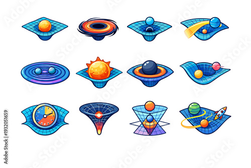 Gravity & Space-Time. Colorful isometric vector icons set of gravity & space-time: warped space grid, black hole, spacetime curvature, light bending, gravity