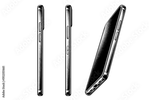 Smartphone side profile A slim smartphone emphasizing edge thickness, buttons, and frame details shown from left side, right side, and angled edge views as a